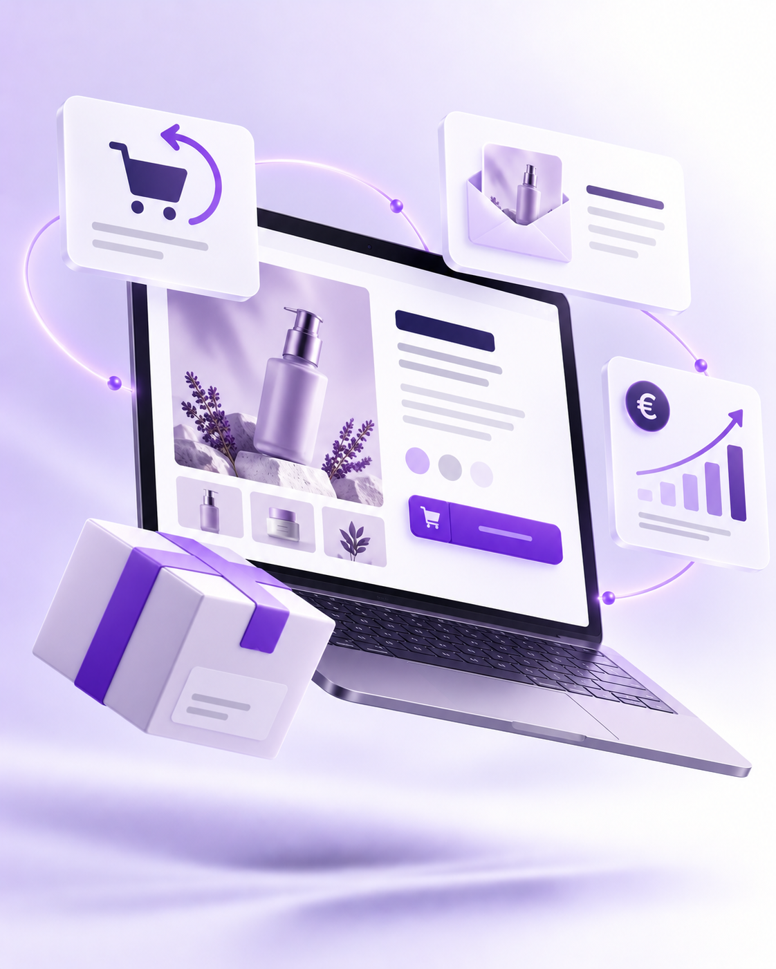 Laptop mit Online-Shop, zurückgeholtem Warenkorb und Umsatz-Diagramm