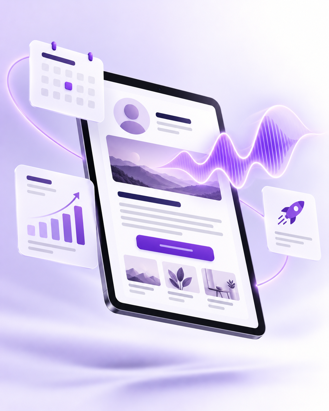 Tablet mit persönlichem Newsletter, Launch-Kalender und Umsatz-Diagramm