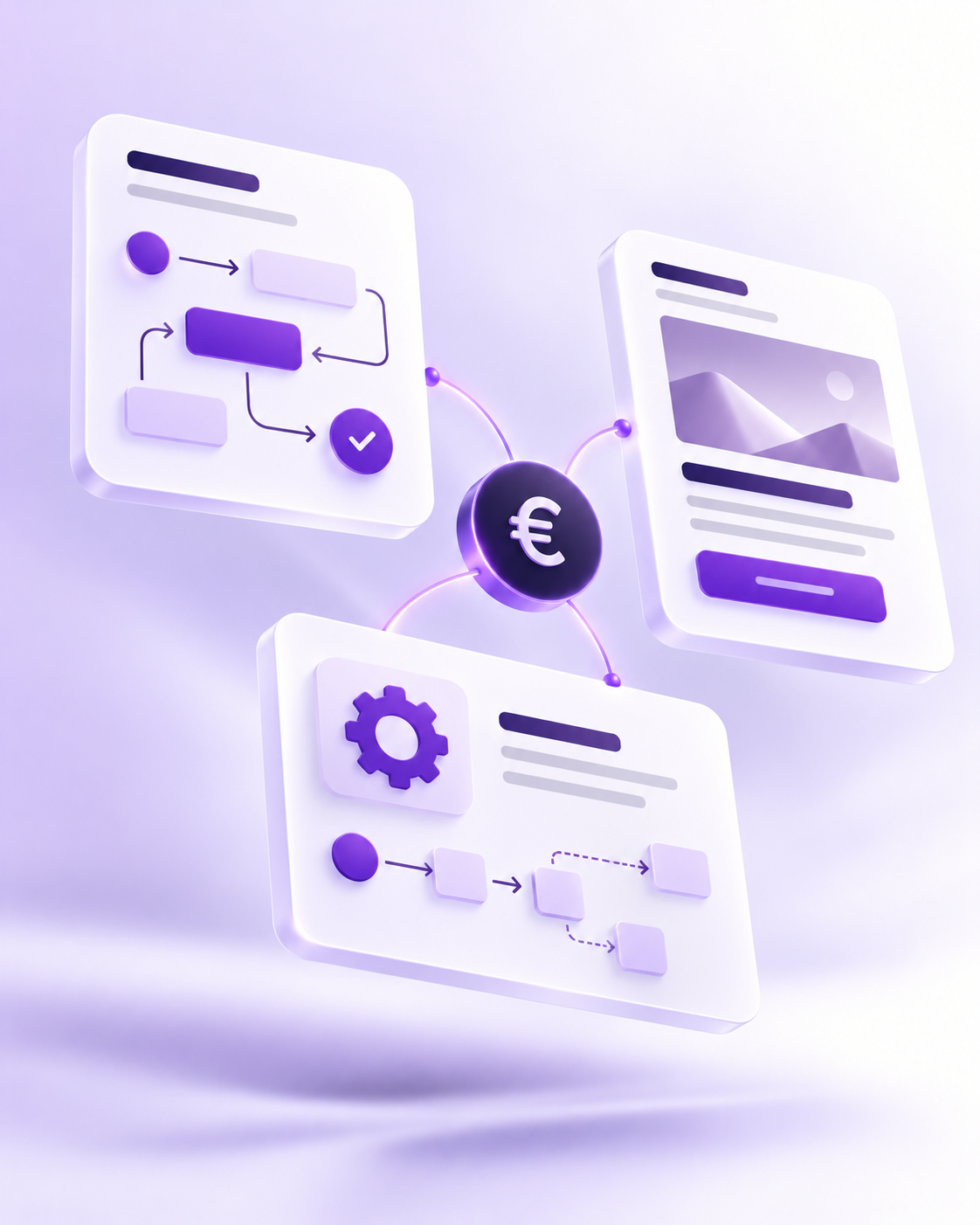 Drei verbundene UI-Karten für Strategie, Design und Technik