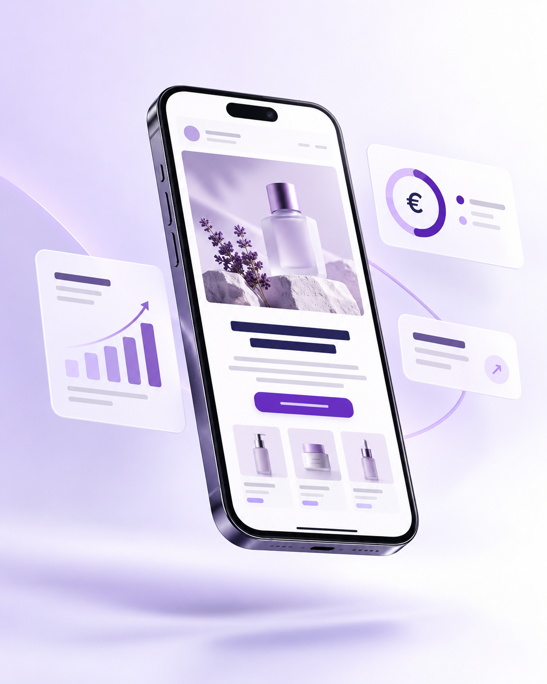 Smartphone mit E-Mail-Design und Umsatz-Dashboard