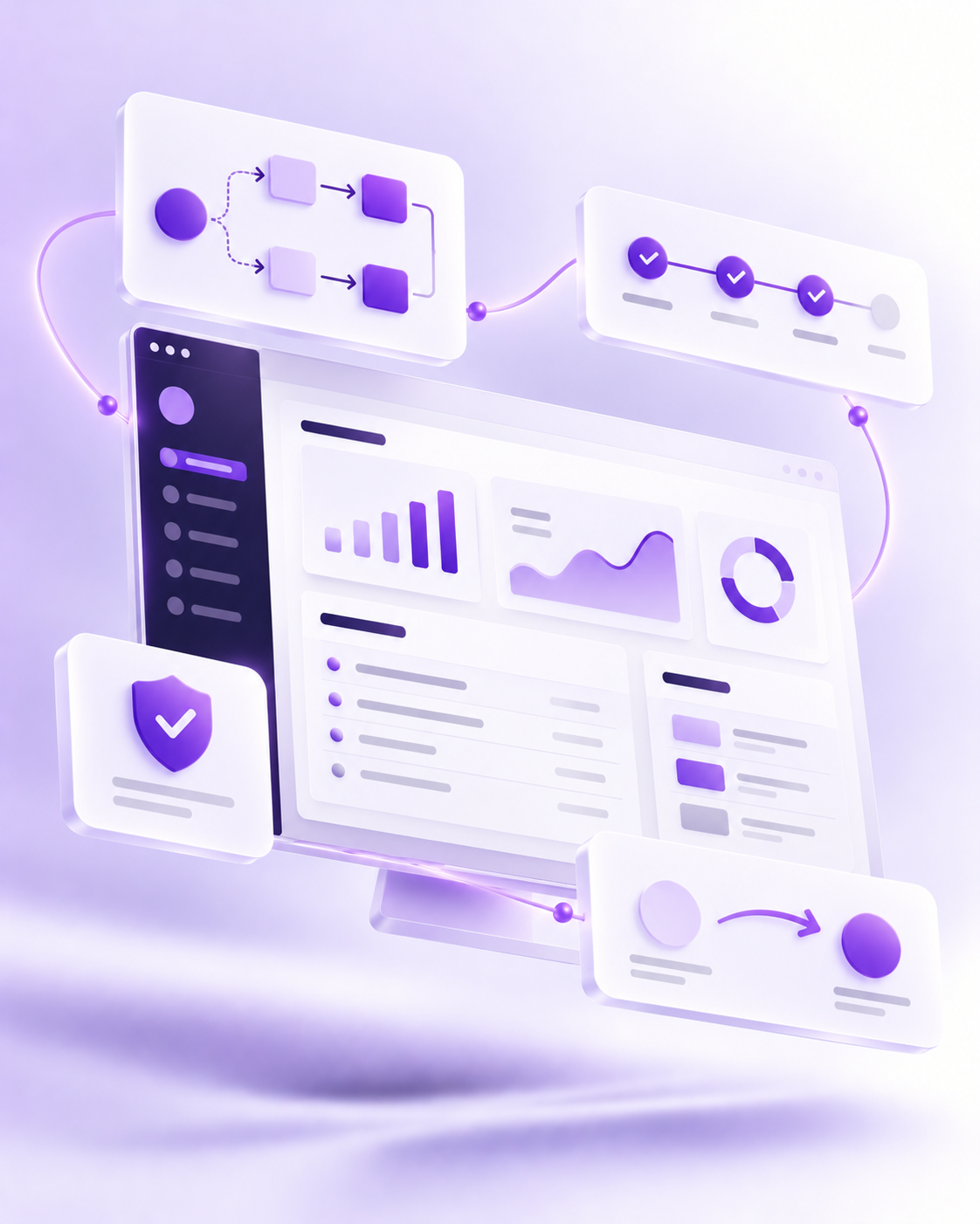Software-Dashboard mit Automations-Flow, Onboarding-Fortschritt und Datenschutz-Symbol